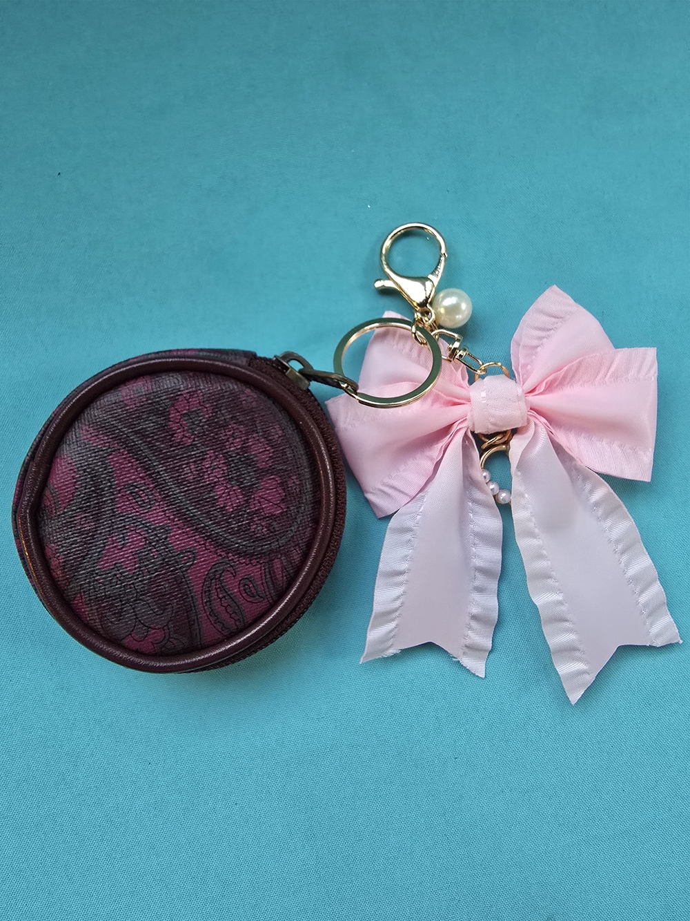 Pink Ribbon Pearl Heart Keychain Charm - Picture 3 of 3